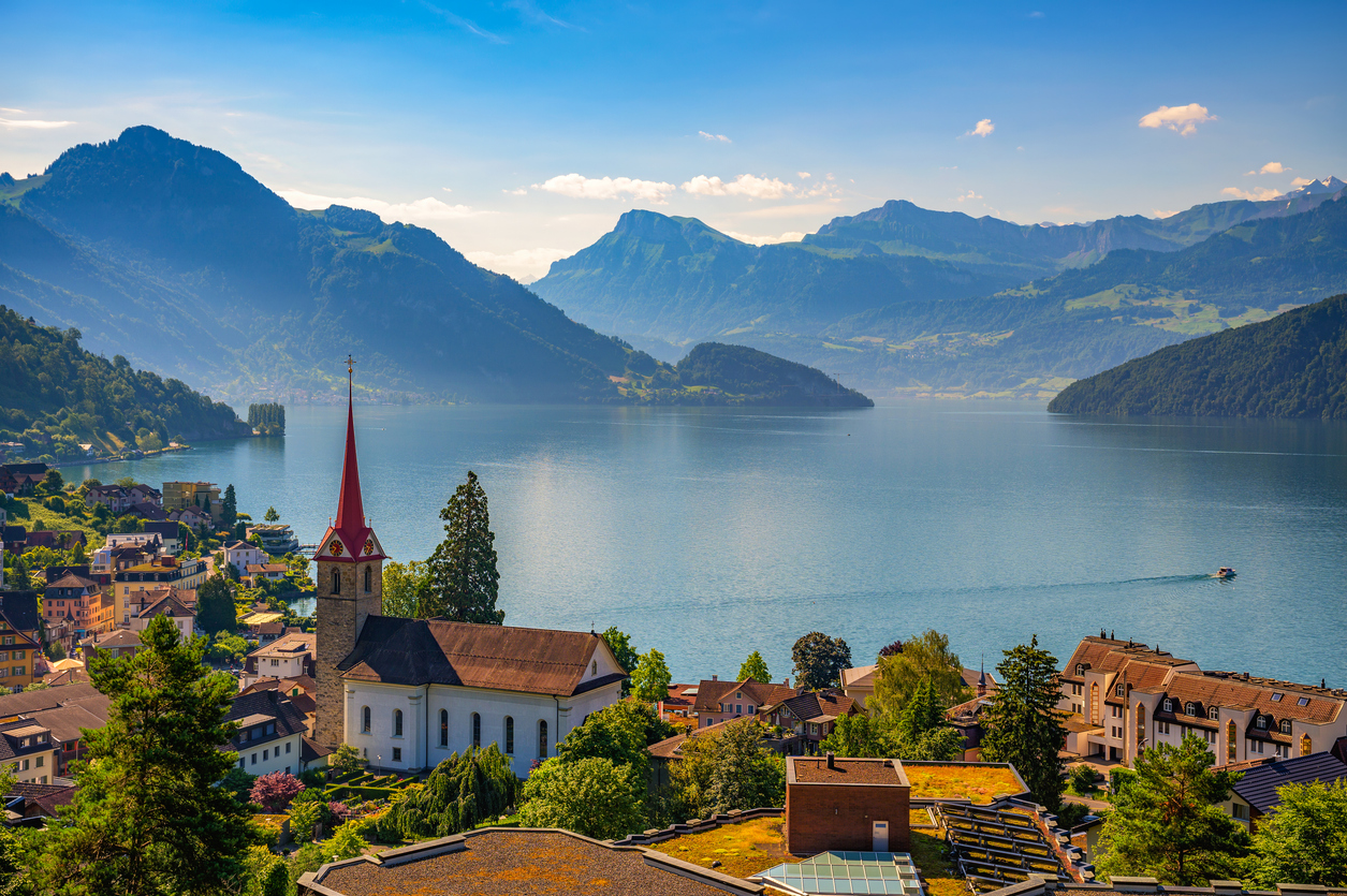 Swiss Alps overlooking a mountain lake